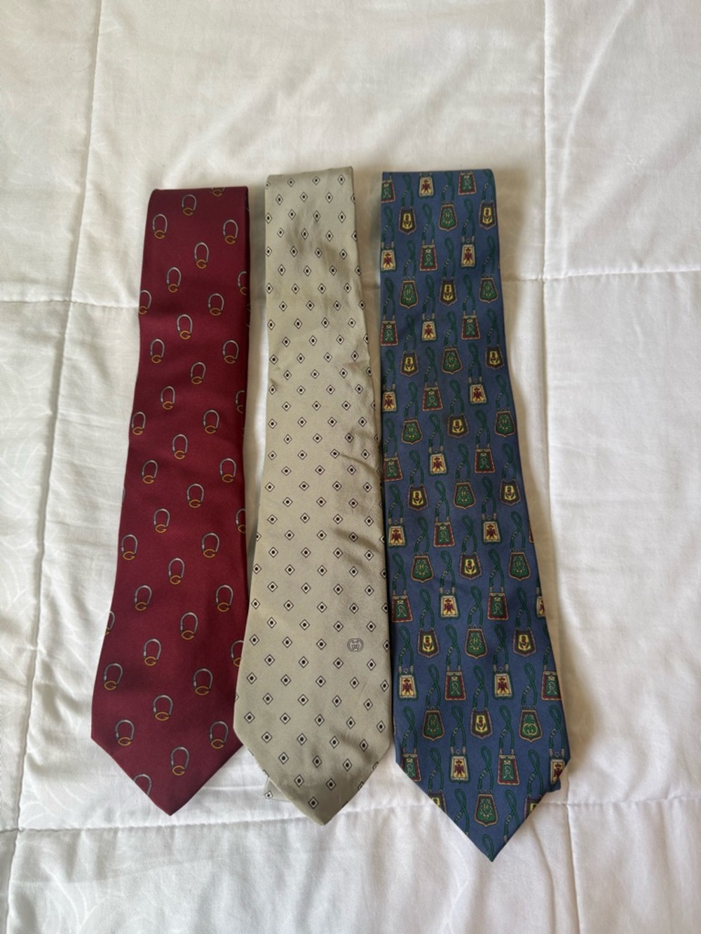 Gucci Burgundy, Beige, and Blue Patterned Silk Ties Trio